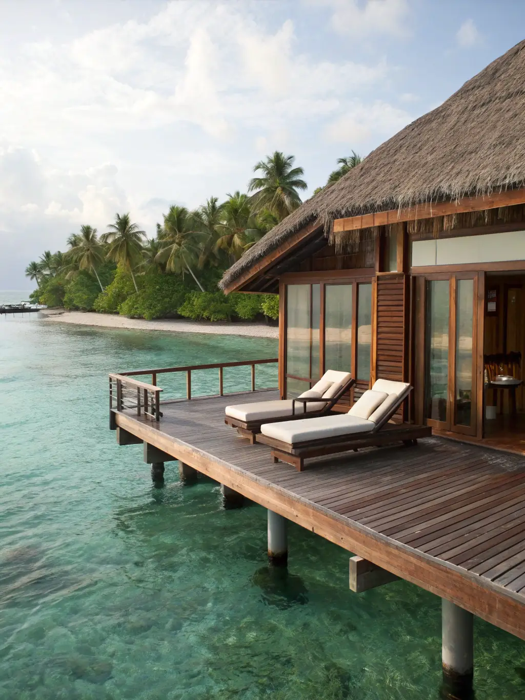 A luxurious overwater bungalow in the Maldives with crystal-clear turquoise waters and a private plunge pool, showcasing the epitome of resort living.