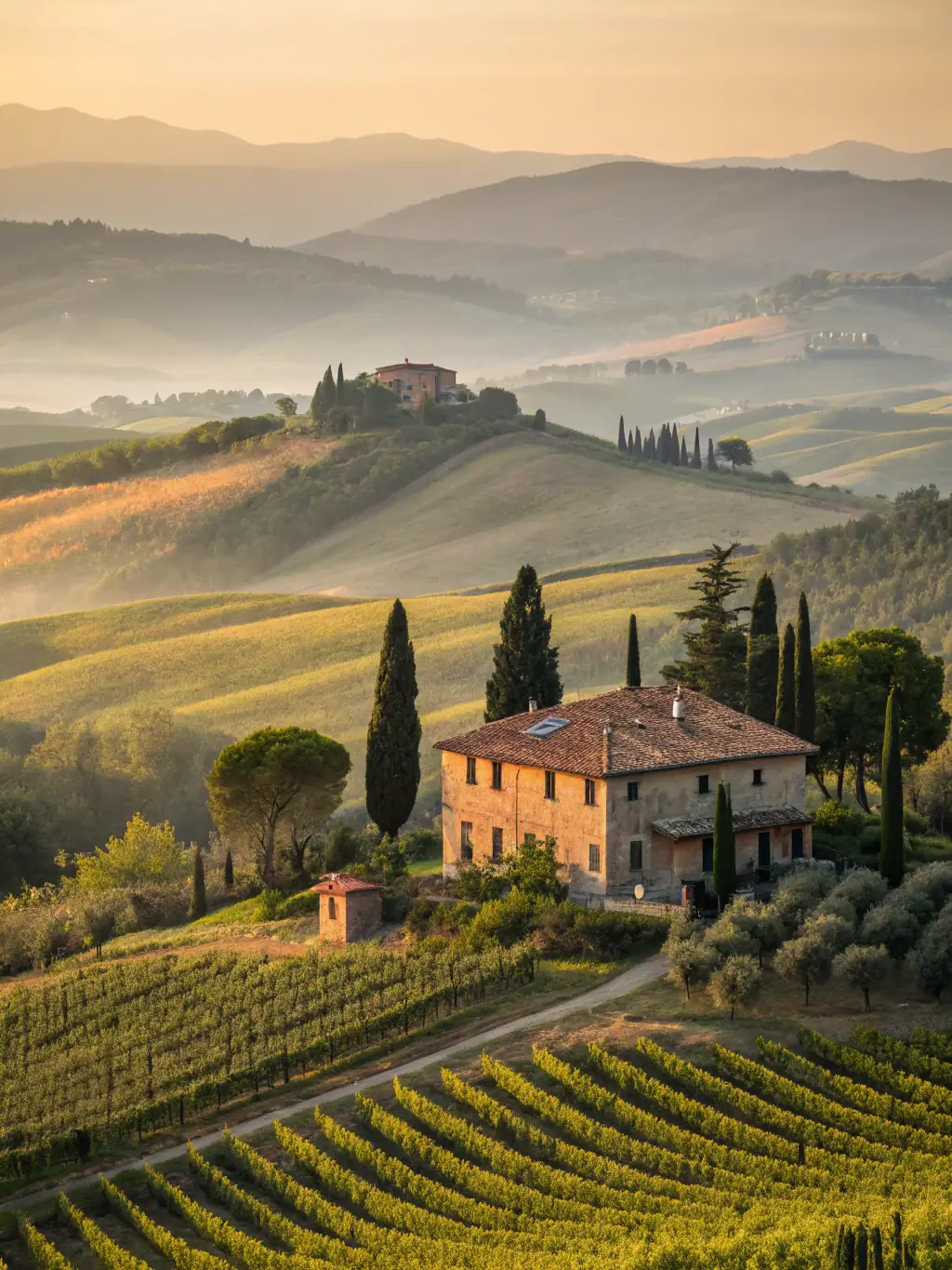 A vineyard resort in Tuscany, Italy, featuring rolling hills, grape vines, a charming villa, and wine tasting experiences, showcasing unique resort investment opportunities.