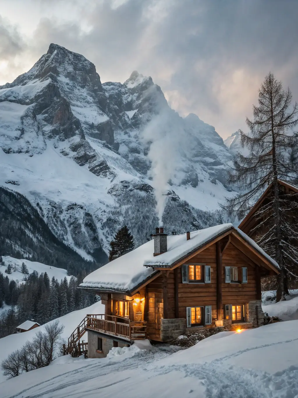 A modern ski resort chalet in the Swiss Alps, featuring snow-capped mountains, a cozy fireplace, and ski-in/ski-out access, highlighting winter resort investment opportunities.