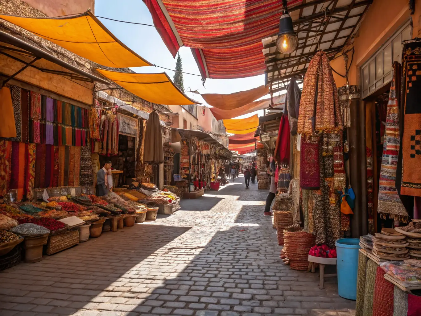 A vibrant street scene in Marrakech, Morocco, filled with colorful textiles, bustling markets, and traditional architecture. The image should capture the essence of Moroccan culture, adventure, and exotic charm.